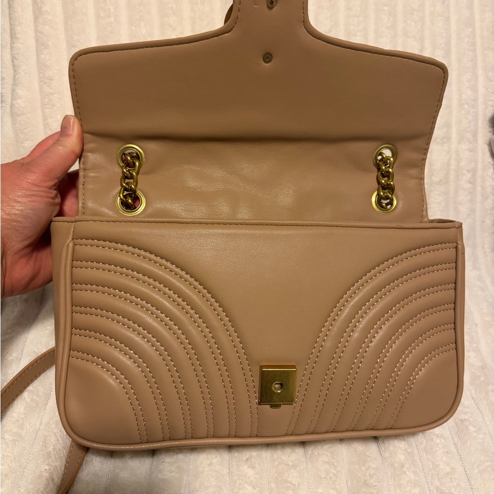 Quilted Taupe Chain Shoulder Bag - Chevron Crossbody - Picture 5 of 8